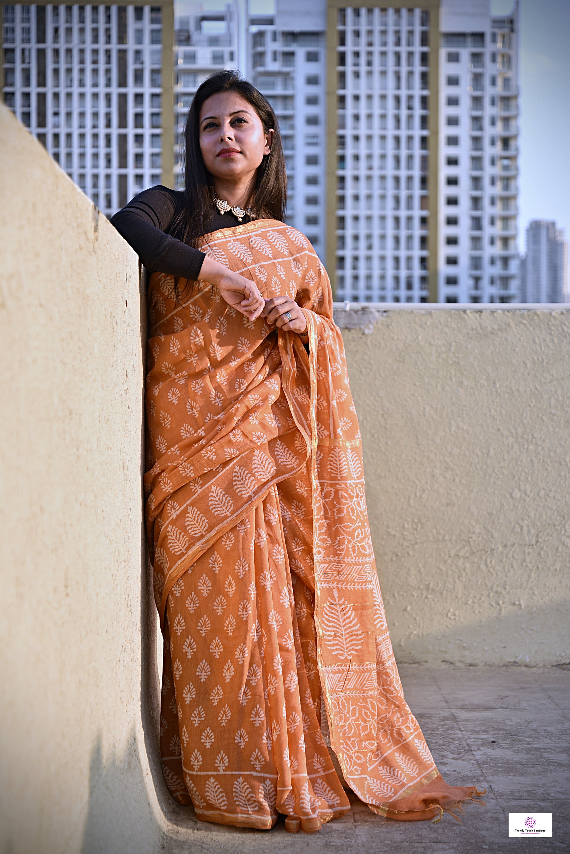 pastel orange handblock print small buti print natural dye chnaderi silk saree for every day casual wear or office styling in summer