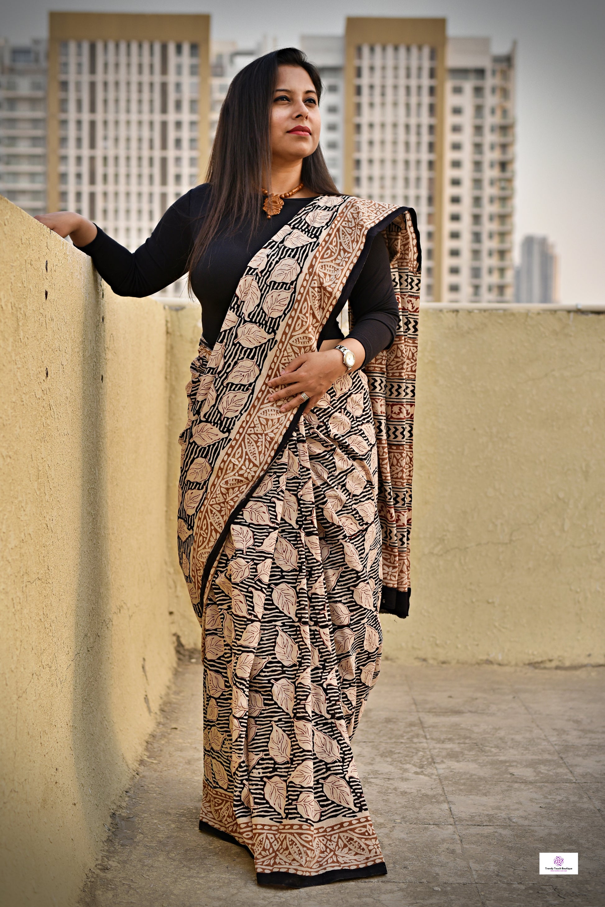 Handblock print mulcotton saree best summer fabric for office and casual styling with blouse piece black and ivory best price