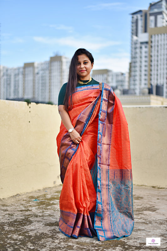 Ankhi - Peach Orange & Teal Green - Semi Kanjivaram Silk Saree