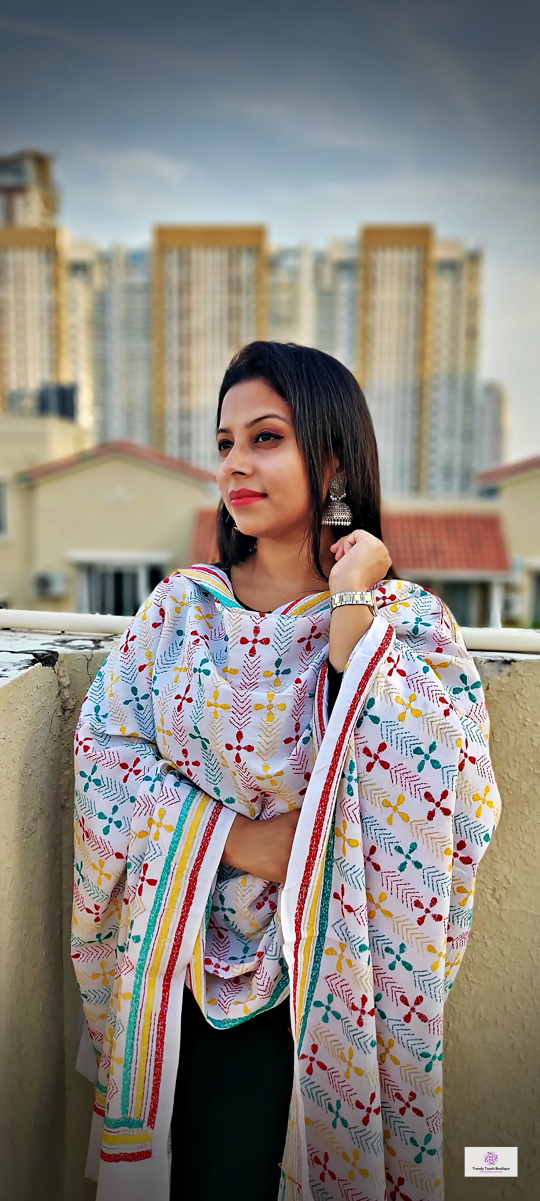 kantha handembroidered pure cotton designer statement dupatta for kurti styling in summer Holi sale best price green red yellow on white floral handcrafted