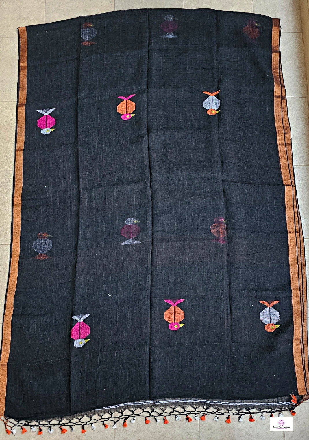 BIRDY - LINEN JAMDANI HANDLOOM SAREE (BLACK)