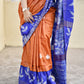 Pure Gicha Tussar Silk Saree with Silk Mark Certified Blue and Orange Handloom saree best wedding marriage function party wear celebration and corporate events office best price with blouse piece handblock printed