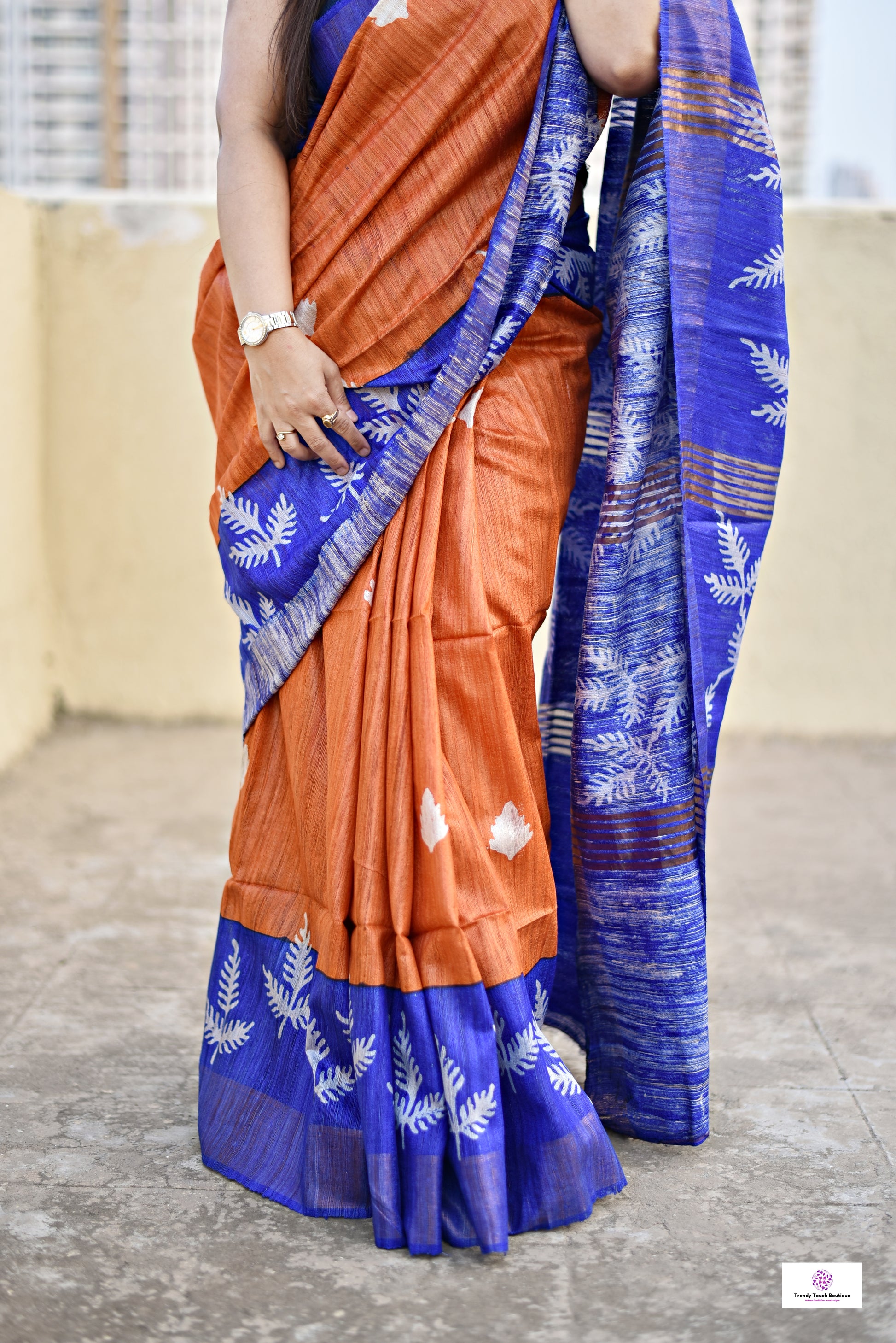 Pure Gicha Tussar Silk Saree with Silk Mark Certified Blue and Orange Handloom saree best wedding marriage function party wear celebration and corporate events office best price with blouse piece handblock printed