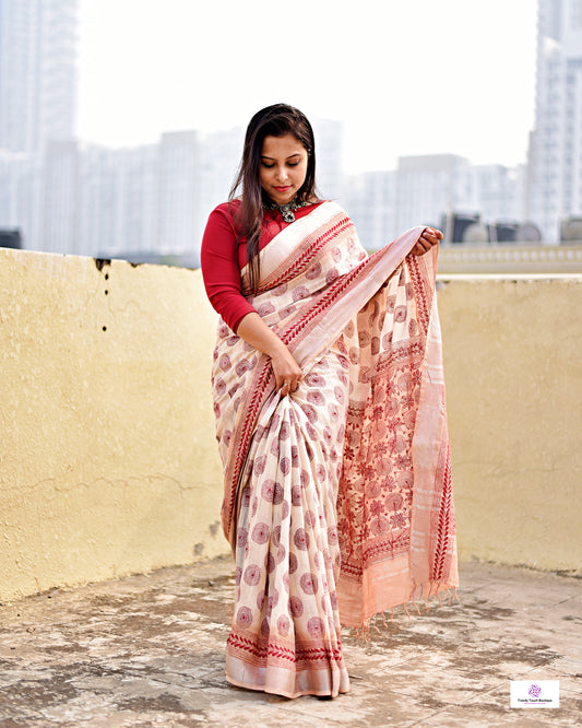 SAATHI - KANTHA WORK - TIE & DYE - DESIGNER LINEN SAREE