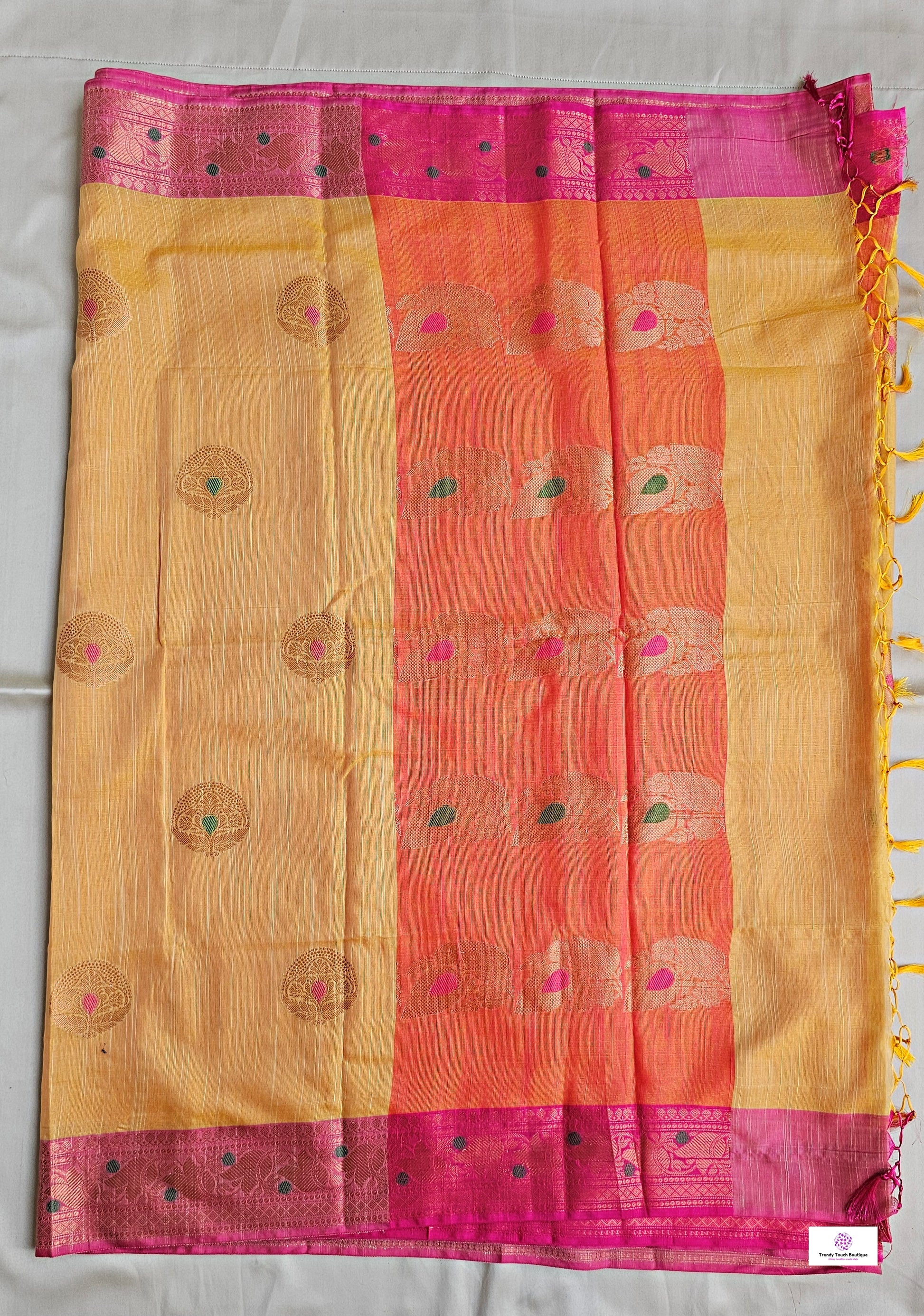 Muga cotton banarasi soft and lightweight puja, wedding and special ocassion casual wear saree yellow and pink with blouse piece best price