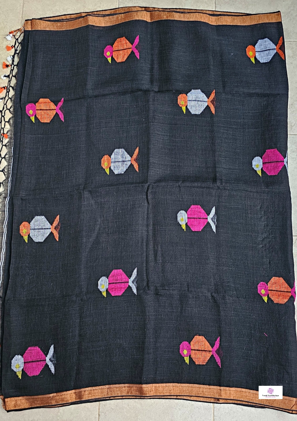 BIRDY - LINEN JAMDANI HANDLOOM SAREE (BLACK)