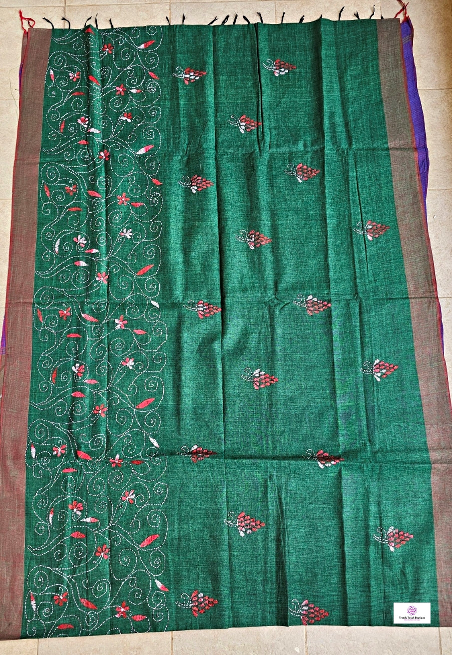 BLUE RIVER - KANTHA STITCH - COTTON HANDLOOM SAREE