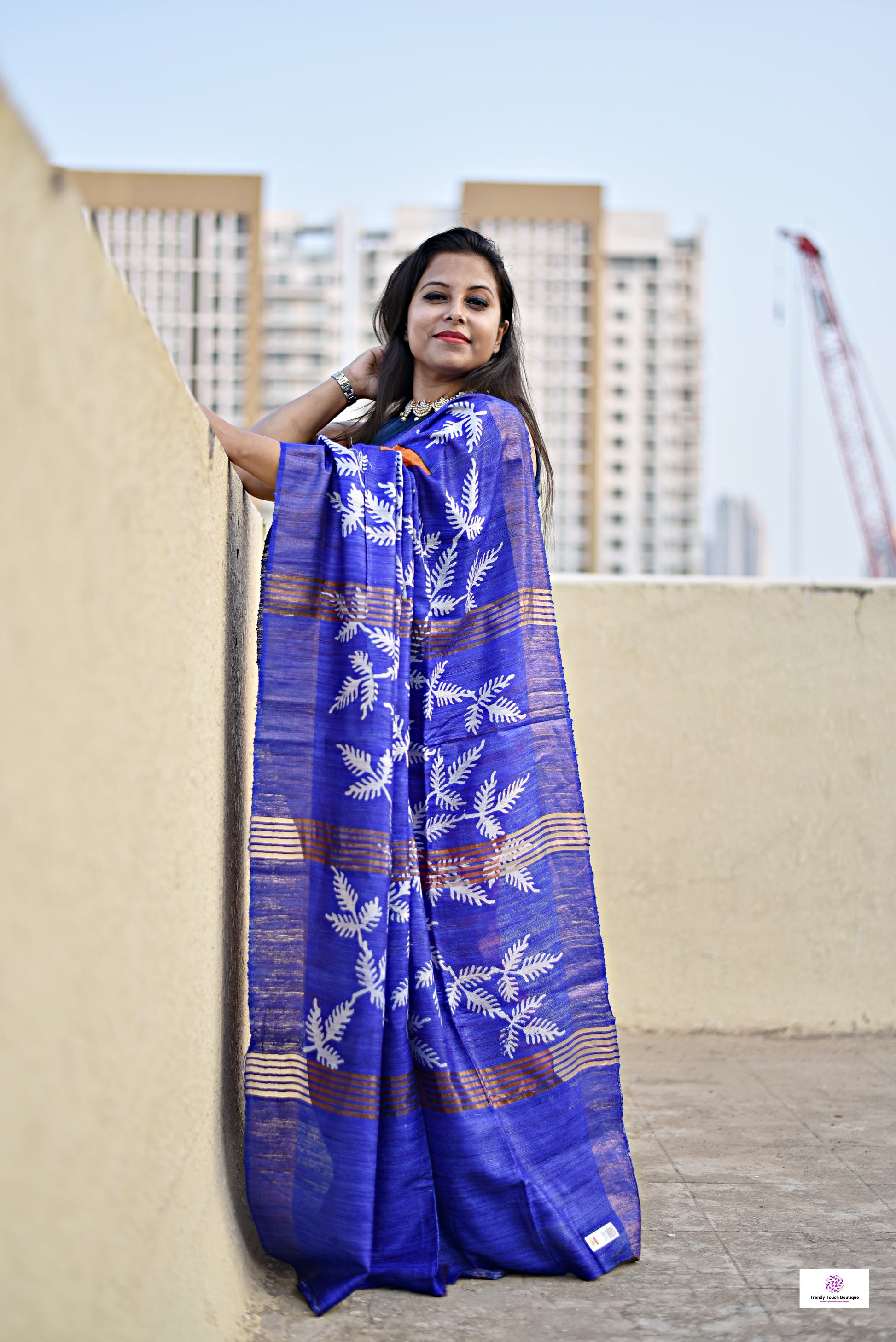 Pure Gicha Tussar Silk Saree with Silk Mark Certified Blue and Orange Handloom saree best wedding marriage function party wear celebration and corporate events office best price with blouse piece handblock printed