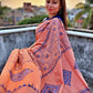 peach blue kantha stitch hand embroidered pure khadi handloom saree wedding season party wear marriage celebration affordable price with blouse piece designer saree