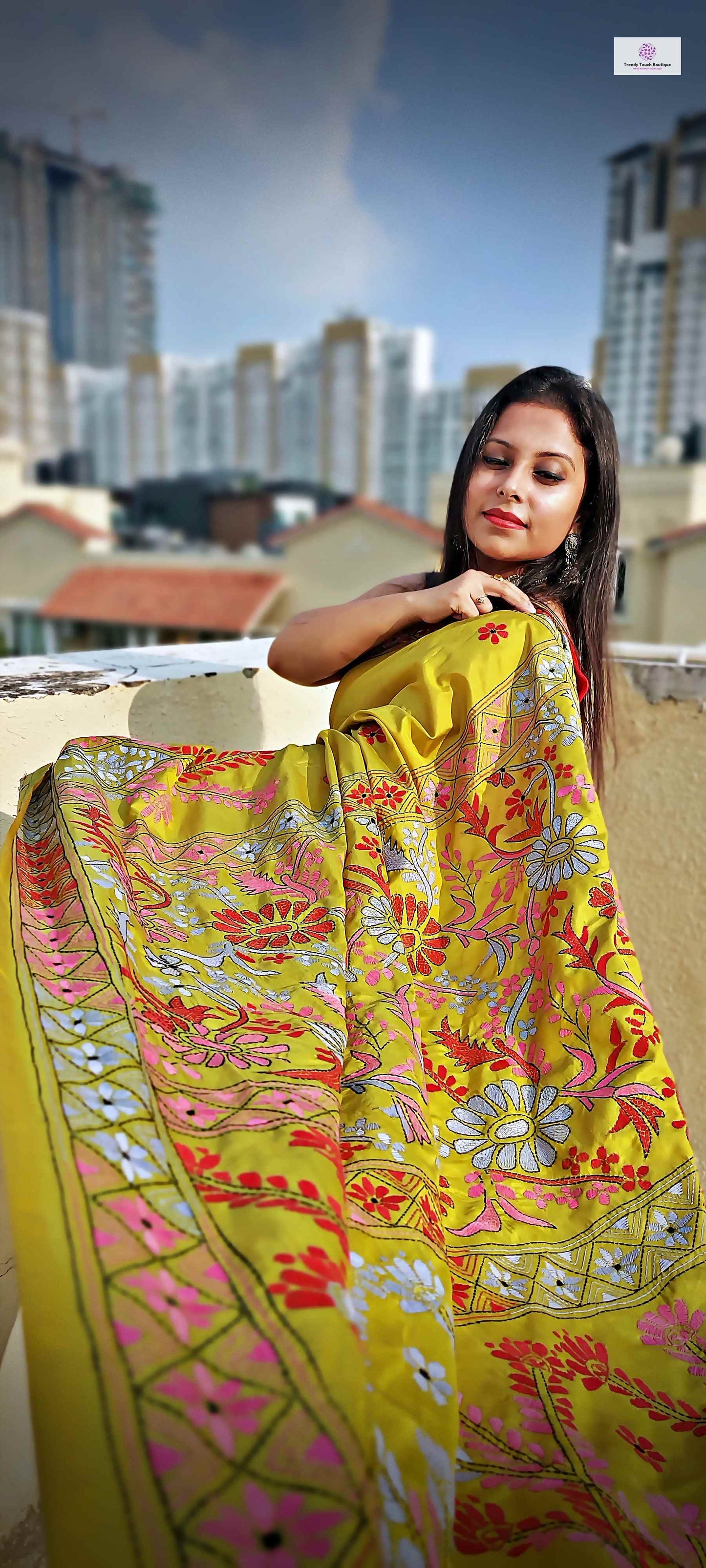 Kantha stitch hand embroidered soft blended bangalore silk saree trendy touch boutique olive green wedding season gift party wear 