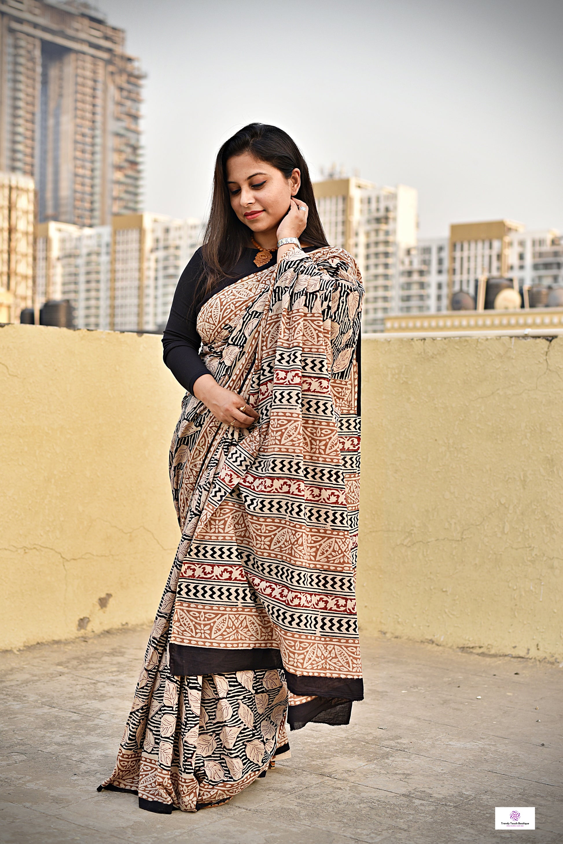 Handblock print mulcotton saree best summer fabric for office and casual styling with blouse piece black and ivory best price