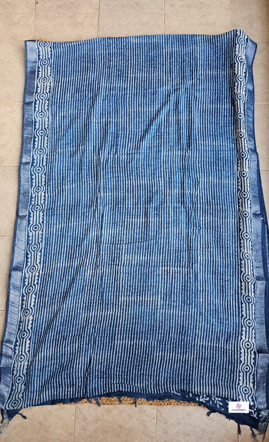 INDIGO STRIPE - HANDBLOCK PRINT - LINEN SAREE