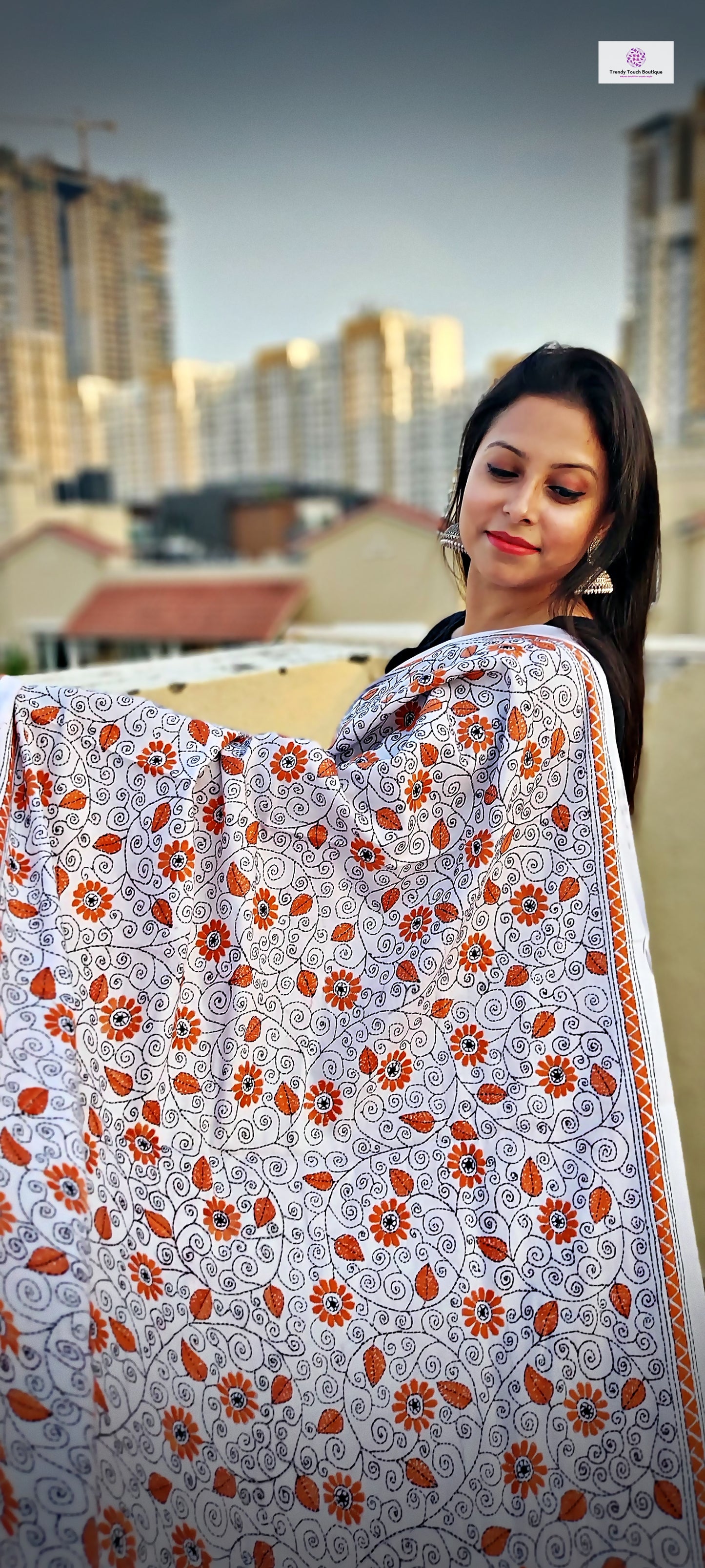 kantha handembroidered pure cotton designer statement dupatta for kurti styling in summer Holi sale best price white orange floral handcrafted