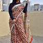 Brick Red & Beige, Black Floral Handblock print linen saree organic dye best summer fabric best price casual and formal saree 