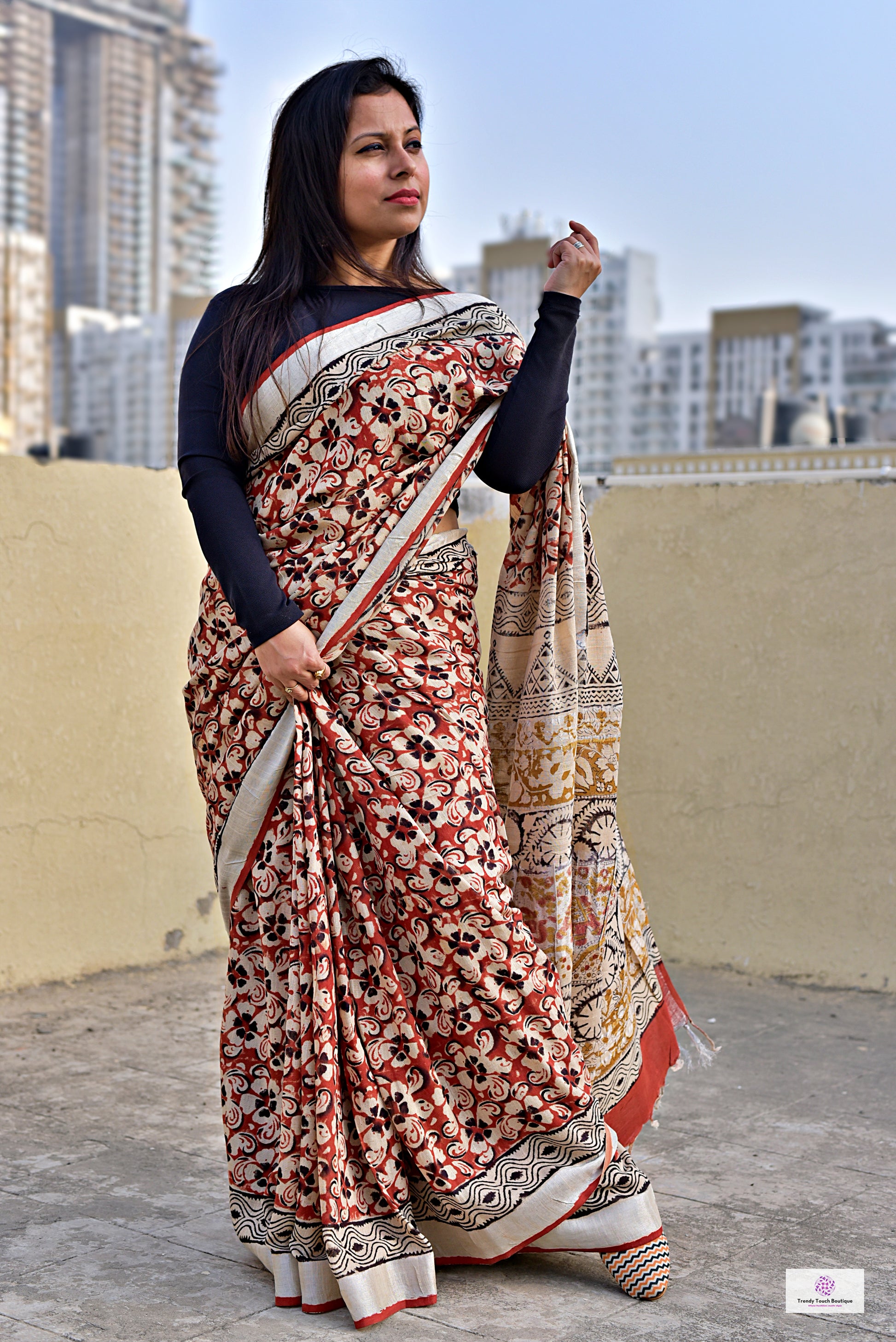 Brick Red & Beige, Black Floral Handblock print linen saree organic dye best summer fabric best price casual and formal saree 