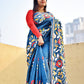 kantha stitch blue designer blended bangalore silk saree with floral motif for wedding, marriage, special celebration or anniversary with blouse piece in best price