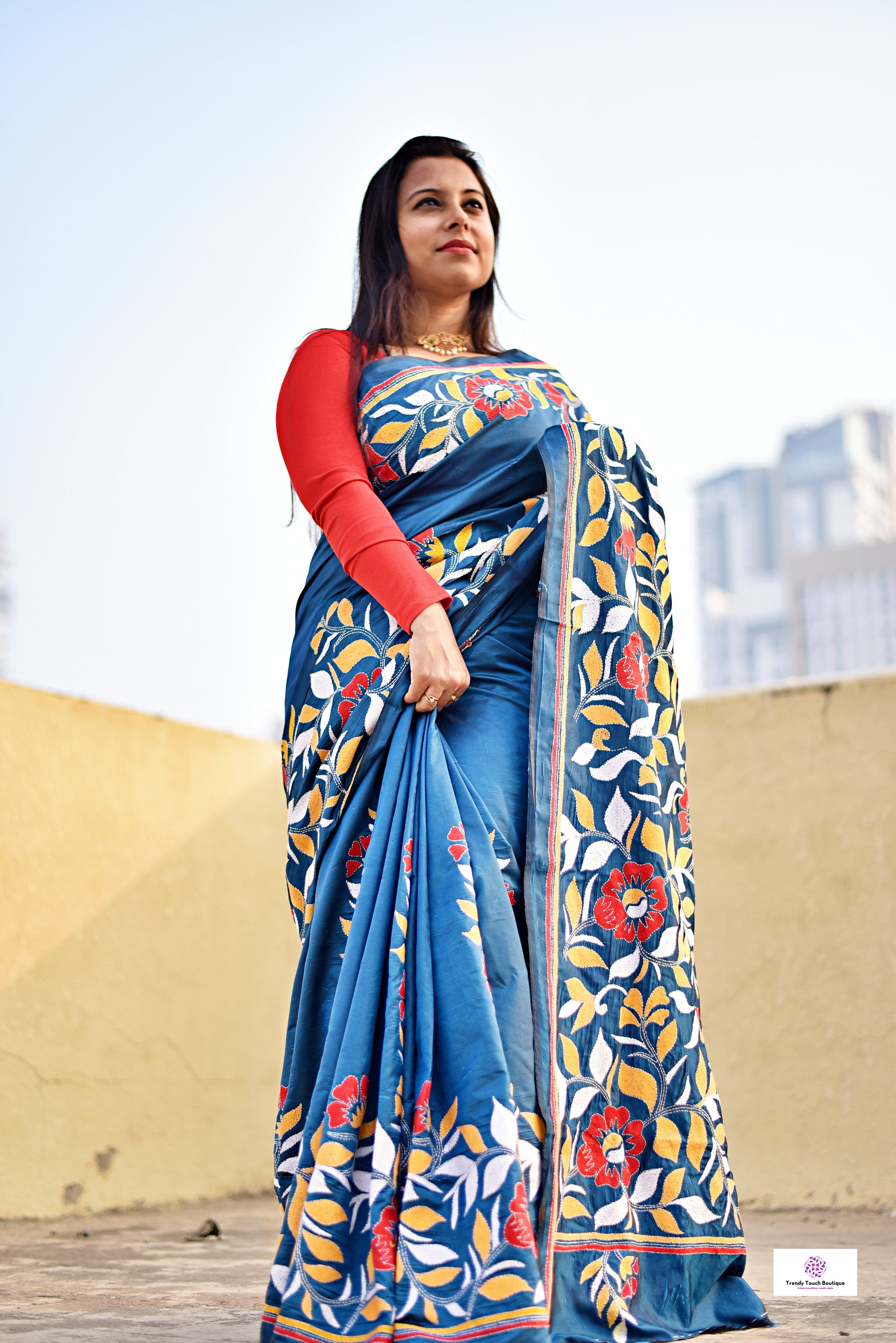 kantha stitch blue designer blended bangalore silk saree with floral motif for wedding, marriage, special celebration or anniversary with blouse piece in best price