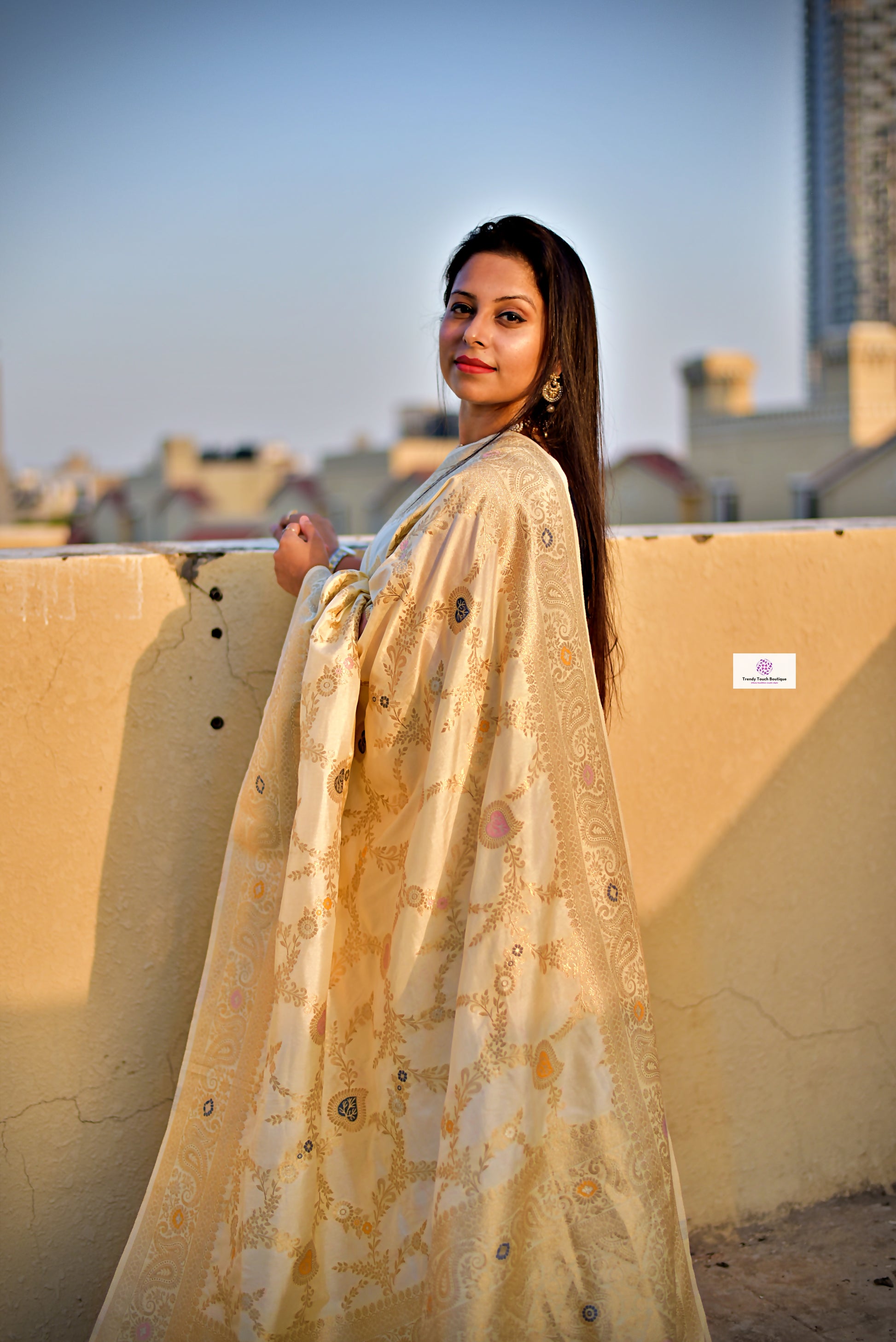 ivory off white jaal work handwoven banarasi silk saree with blouse piece wedding season special party wear bengali saree best price shop online