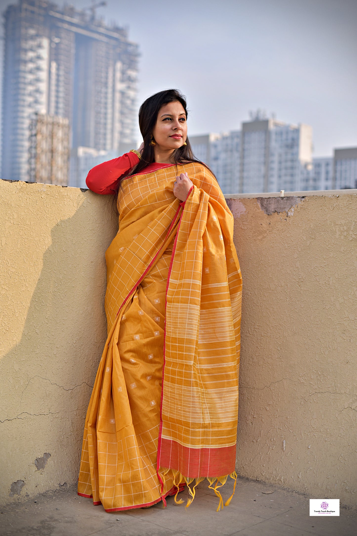 handloom summer wear saree haldi or special ocassion office wear, formal parties, yellow and red saree check saree best price with blouse piece