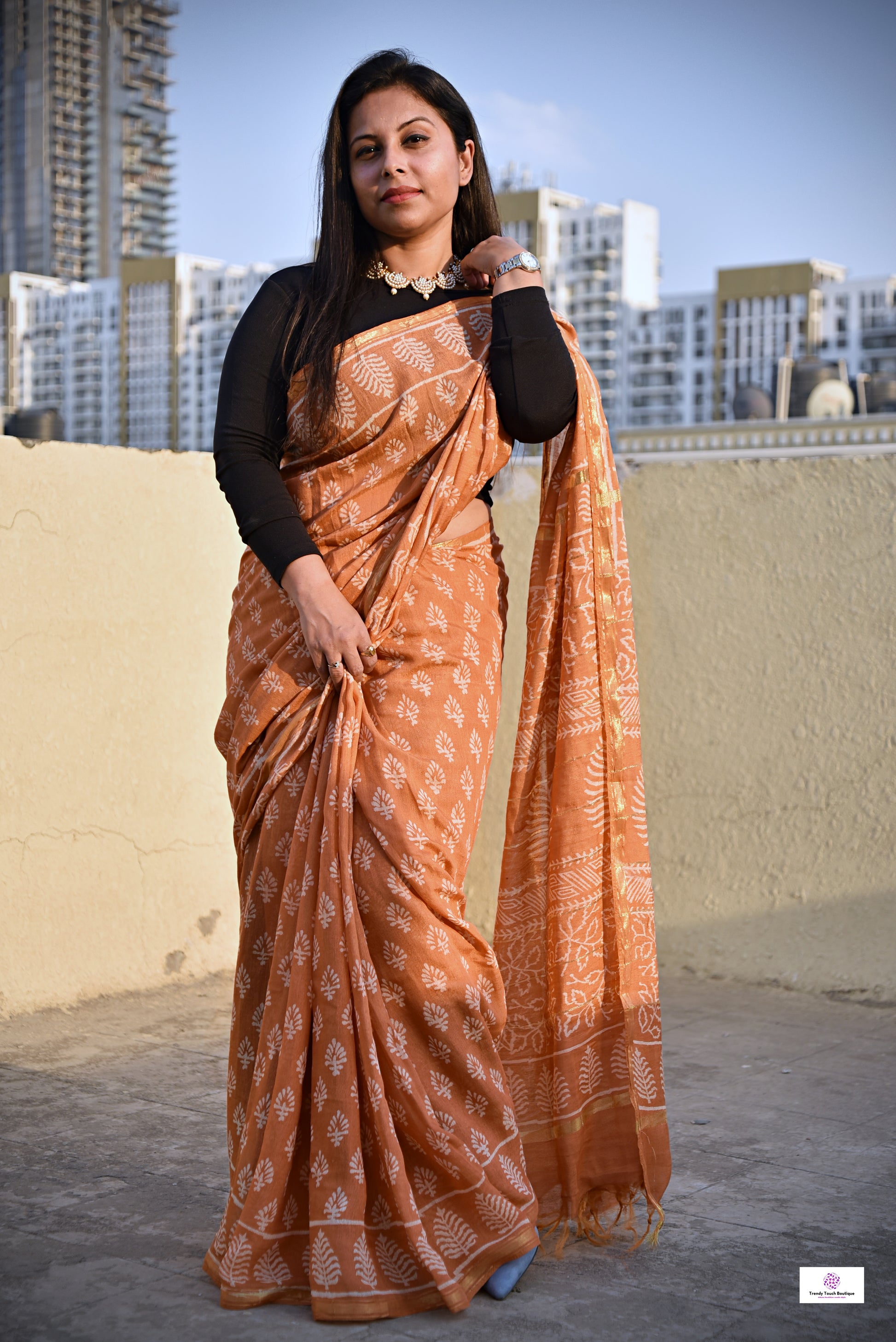 pastel orange handblock print small buti print natural dye chnaderi silk saree for every day casual wear or office styling in summer