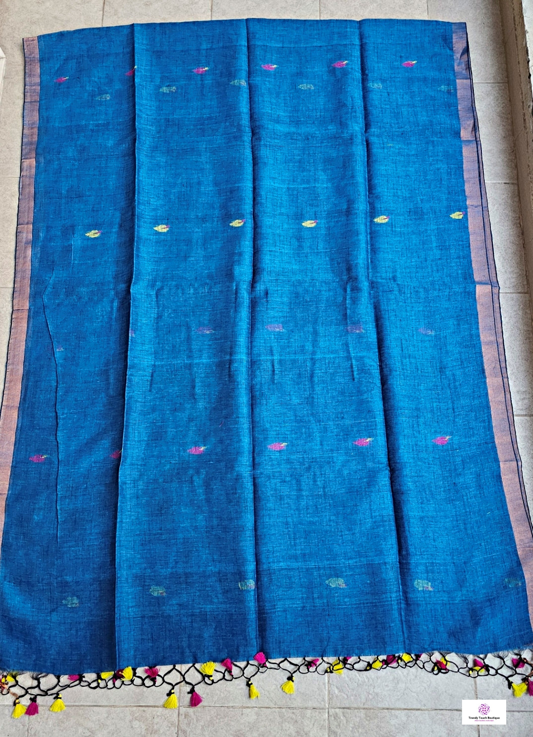 FLORALS - LINEN JAMDANI HANDLOOM SAREE (BLUE)
