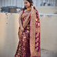 Maroon golden jaal work handloom georgette banarasi silk saree wedding season and bridal function 