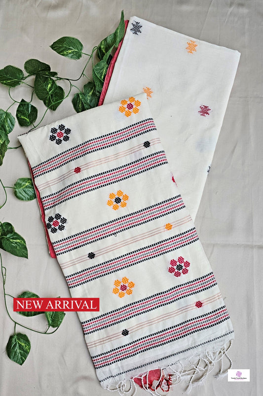 bengal cotton handloom saree floral design lightweight summer wear saree fabric with blouse piece best price white color office and casual wear