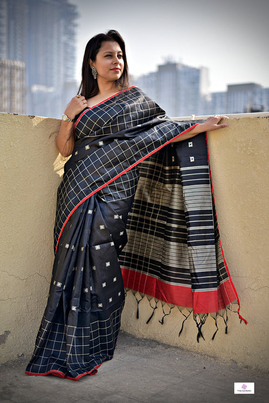 black red silk cotton office wear formal wear sarees check pattern with blouse piece contrast best price online handloom