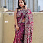 magenta wine color kutch or gujrati hand embroidered designer silk saree for special gathering, wedding, bridal gifting and parties