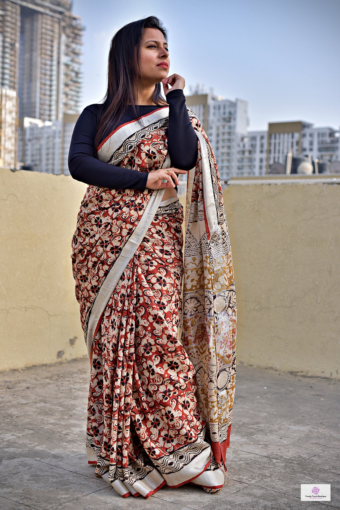 Brick Red & Beige, Black Floral Handblock print linen saree organic dye best summer fabric best price casual and formal saree 