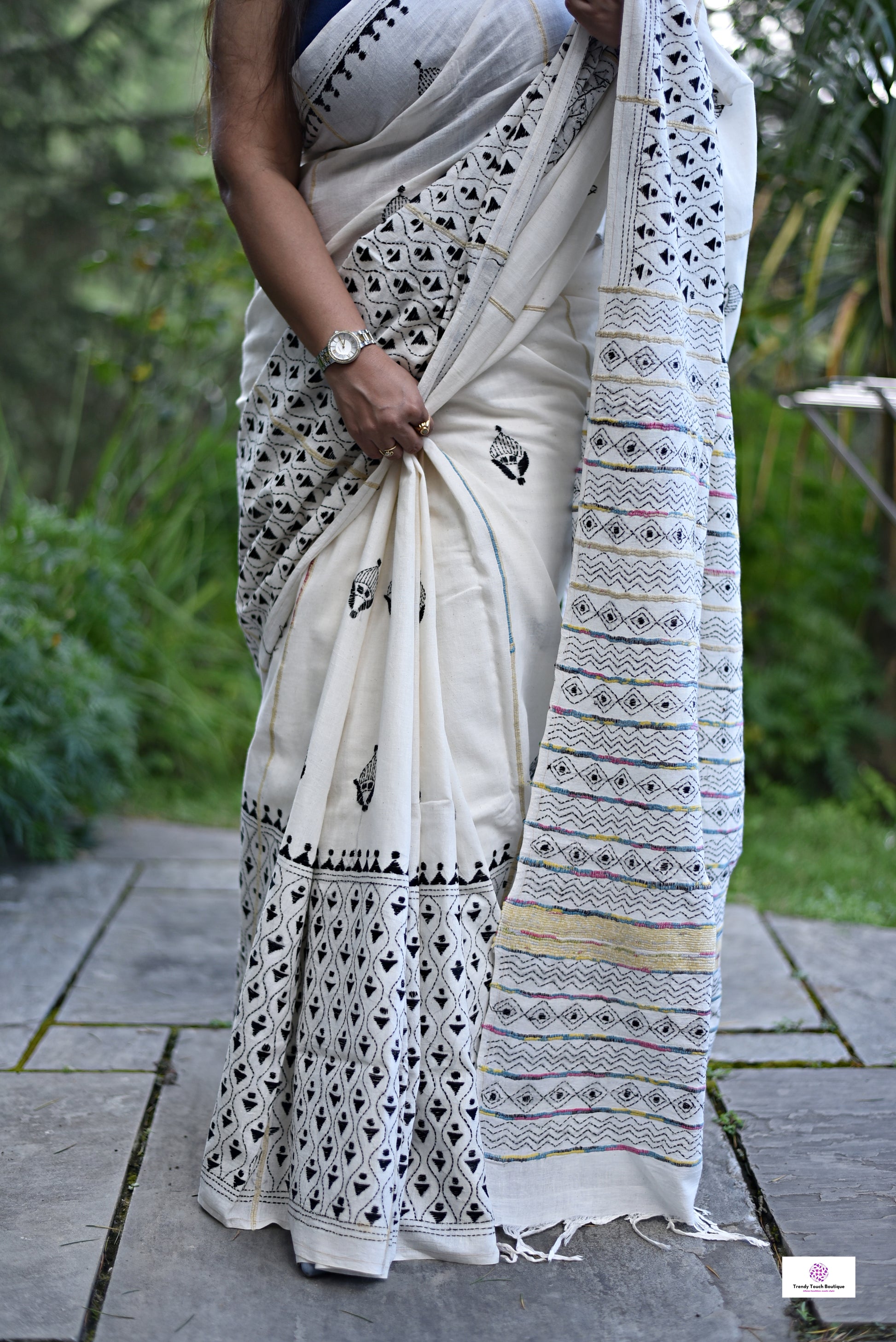 white black kantha work khesh cotton handloom saree for office and festive wear special ocassion with blouse piece and best price