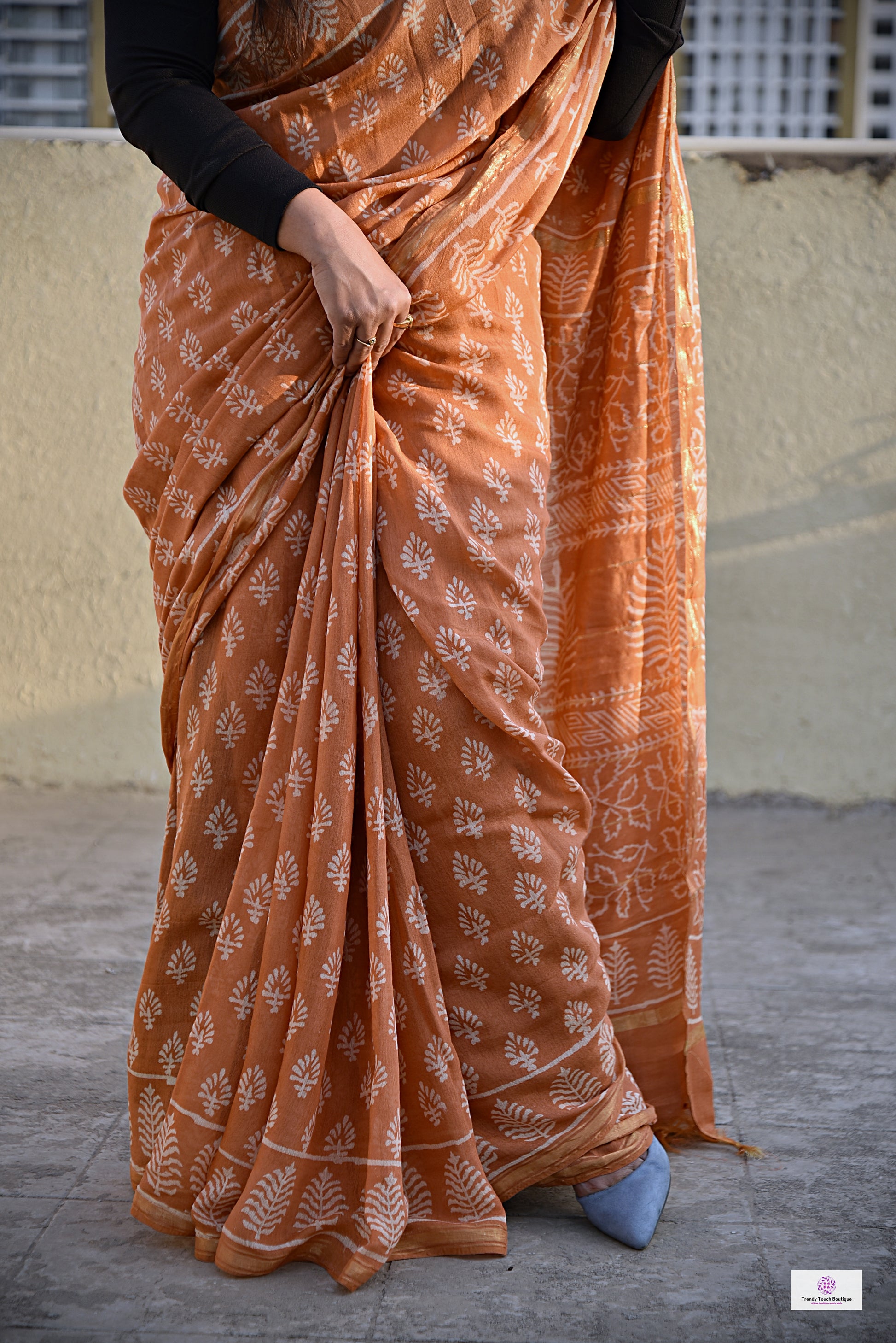 pastel orange handblock print small buti print natural dye chnaderi silk saree for every day casual wear or office styling in summer