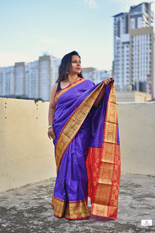 blue red festive and special ocassion lightweight silk saree zari work buta on body and traditional motif on saree edges and pallu with blouse piece and best price