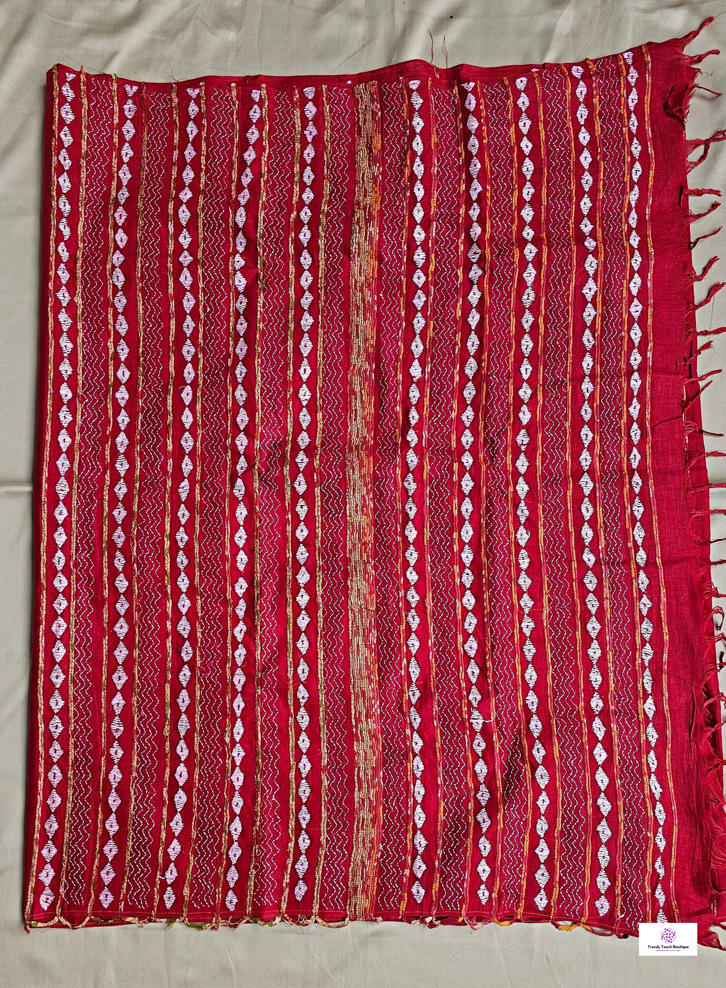 Kantha stitch handembroidered designer red khesh cotton handloom with blouse piece best price