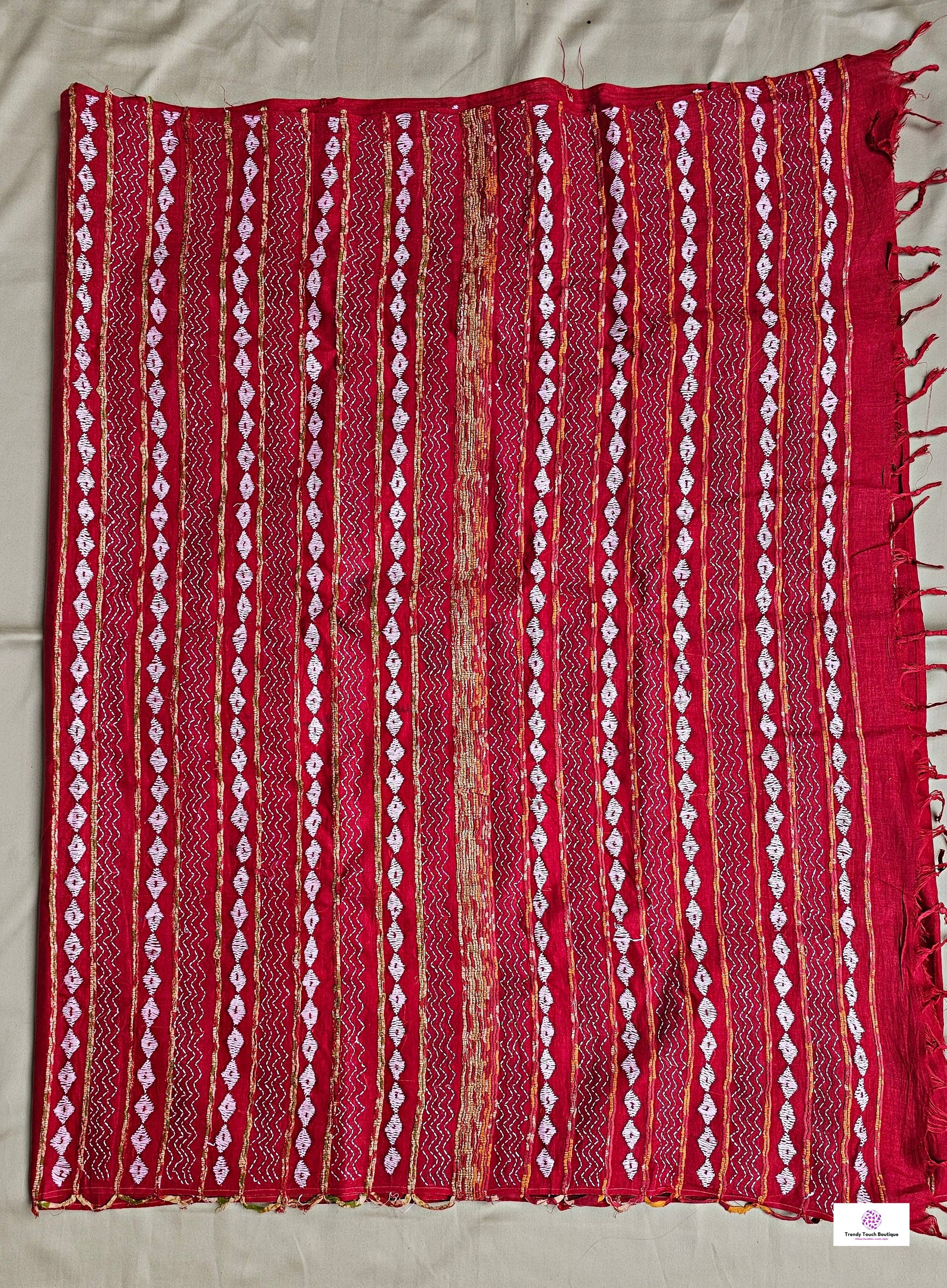 Kantha stitch handembroidered designer red khesh cotton handloom with blouse piece best price