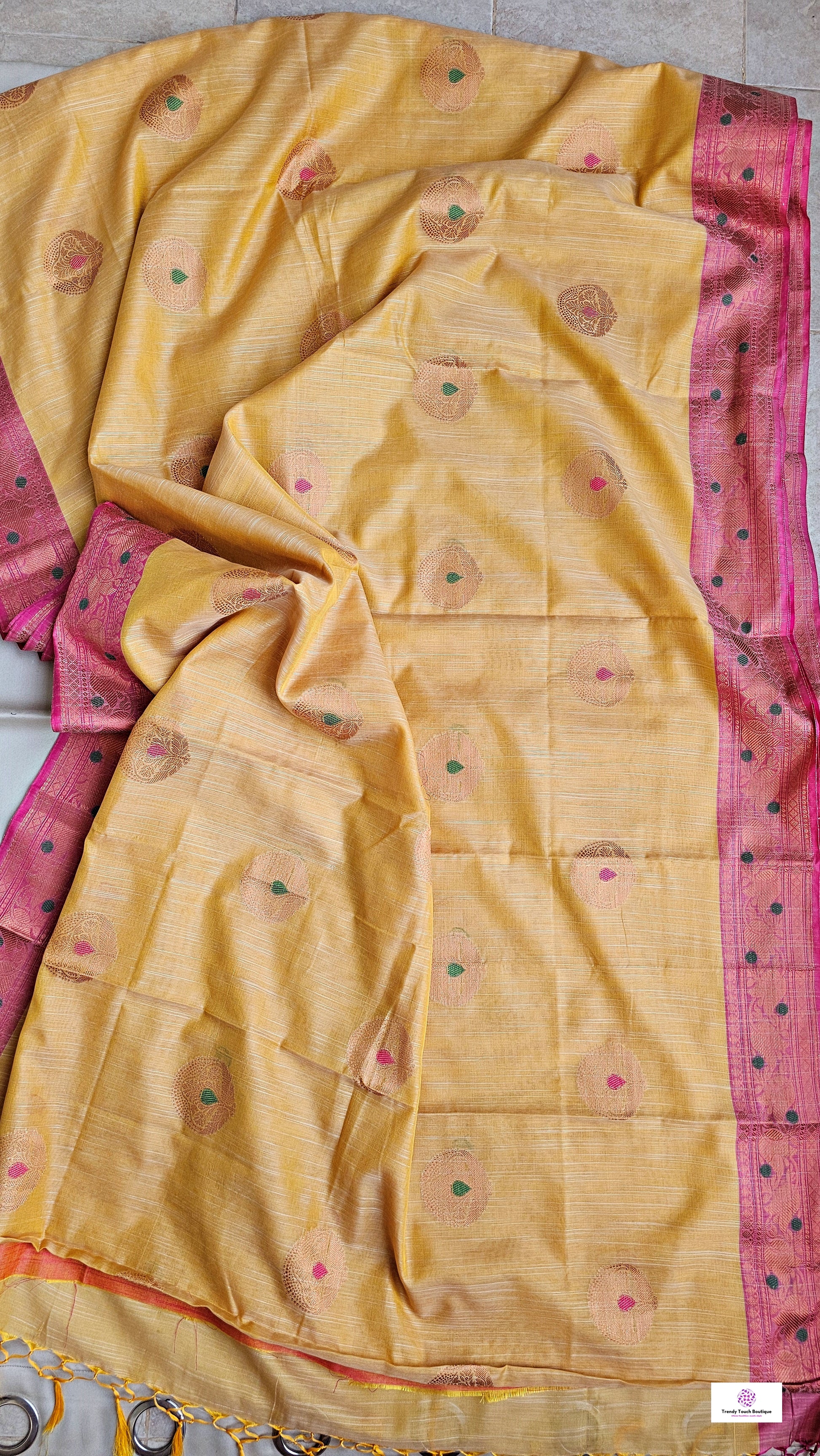 Muga cotton banarasi soft and lightweight puja, wedding and special ocassion casual wear saree yellow and pink with blouse piece best price