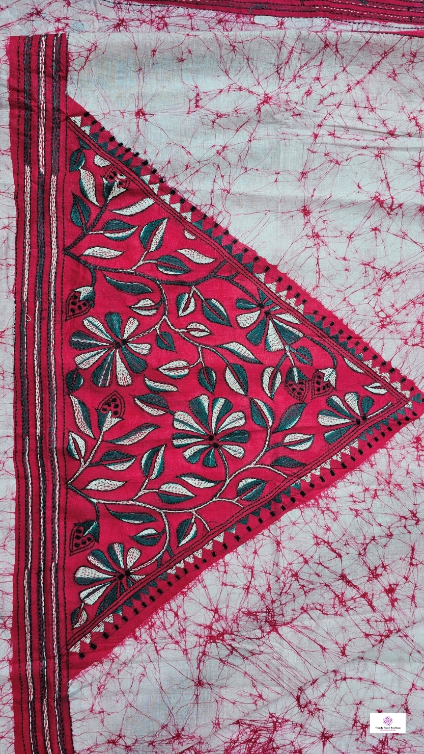 PINK LILY - KANTHA STITCH BATIK COTTON SAREE