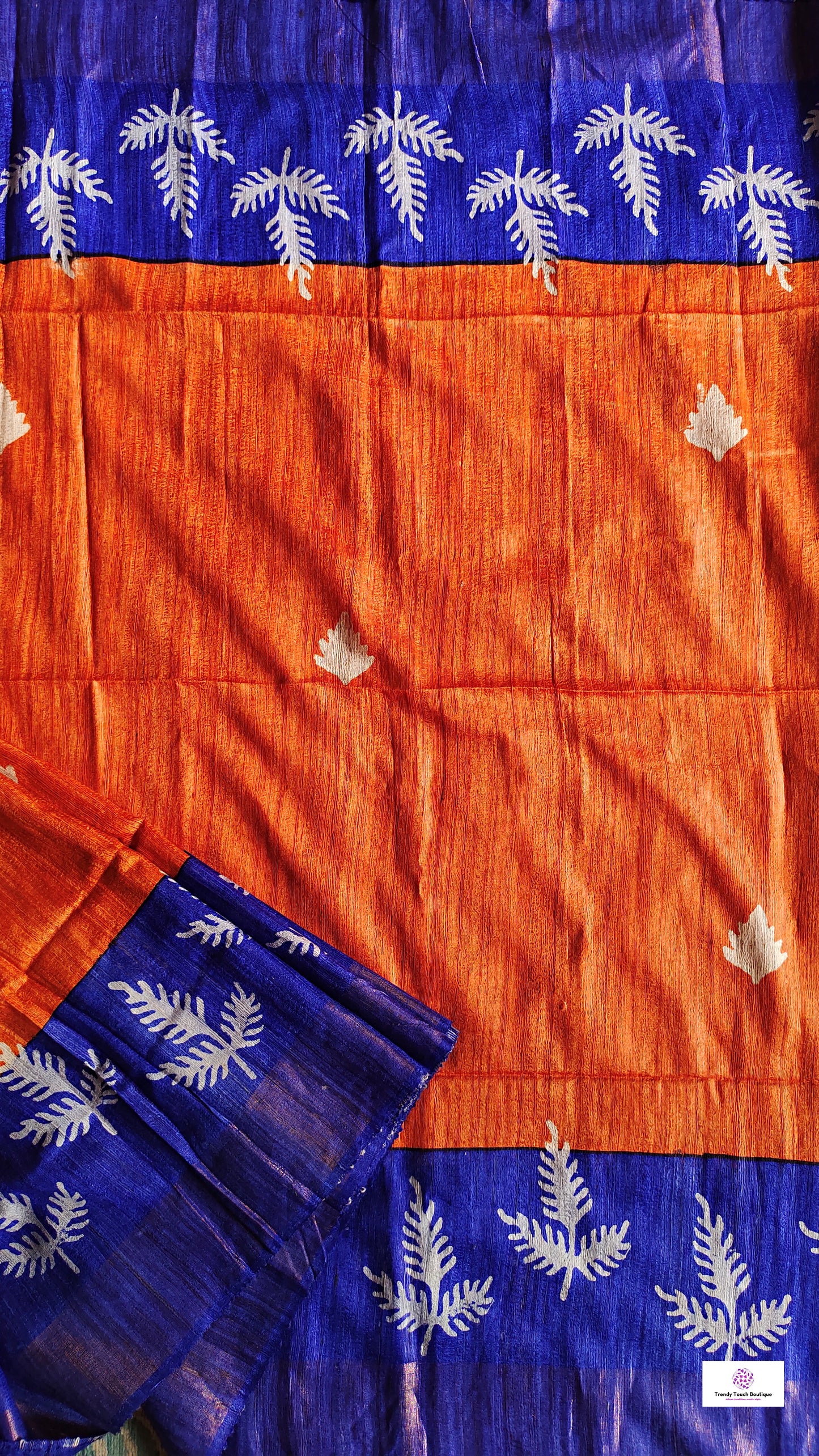 Pure Gicha Tussar Silk Saree with Silk Mark Certified Blue and Orange Handloom saree best wedding marriage function party wear celebration and corporate events office best price with blouse piece handblock printed