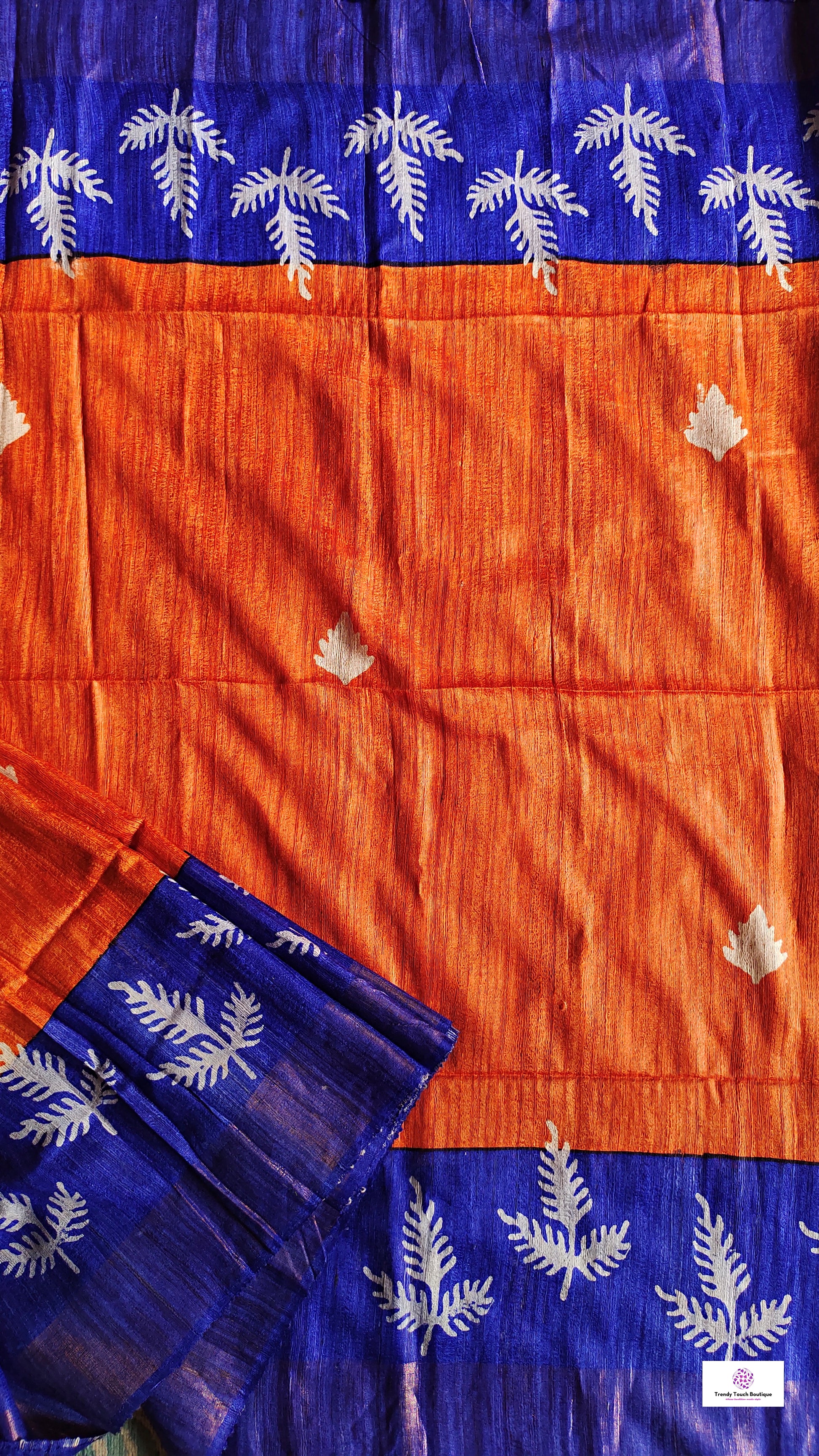 Pure Gicha Tussar Silk Saree with Silk Mark Certified Blue and Orange Handloom saree best wedding marriage function party wear celebration and corporate events office best price with blouse piece handblock printed