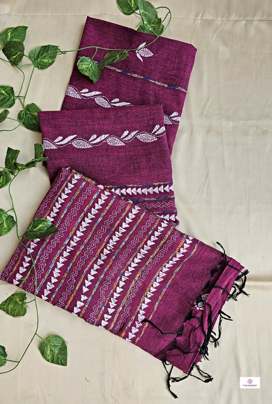 WINE LOVE - KANTHA STITCH - KHESH COTTON SAREE