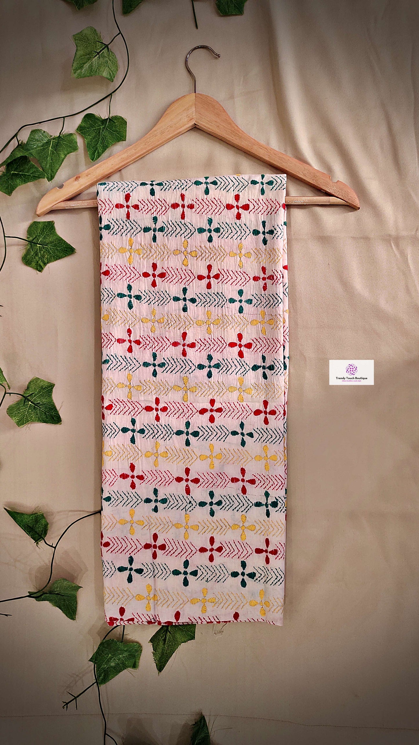 kantha handembroidered pure cotton designer statement dupatta for kurti styling in summer Holi sale best price green red yellow on white floral handcrafted