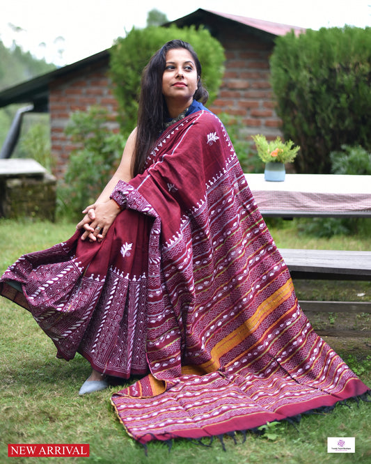 MAROON PLUNGE - KANTHA STITCH - KHESH COTTON SAREE