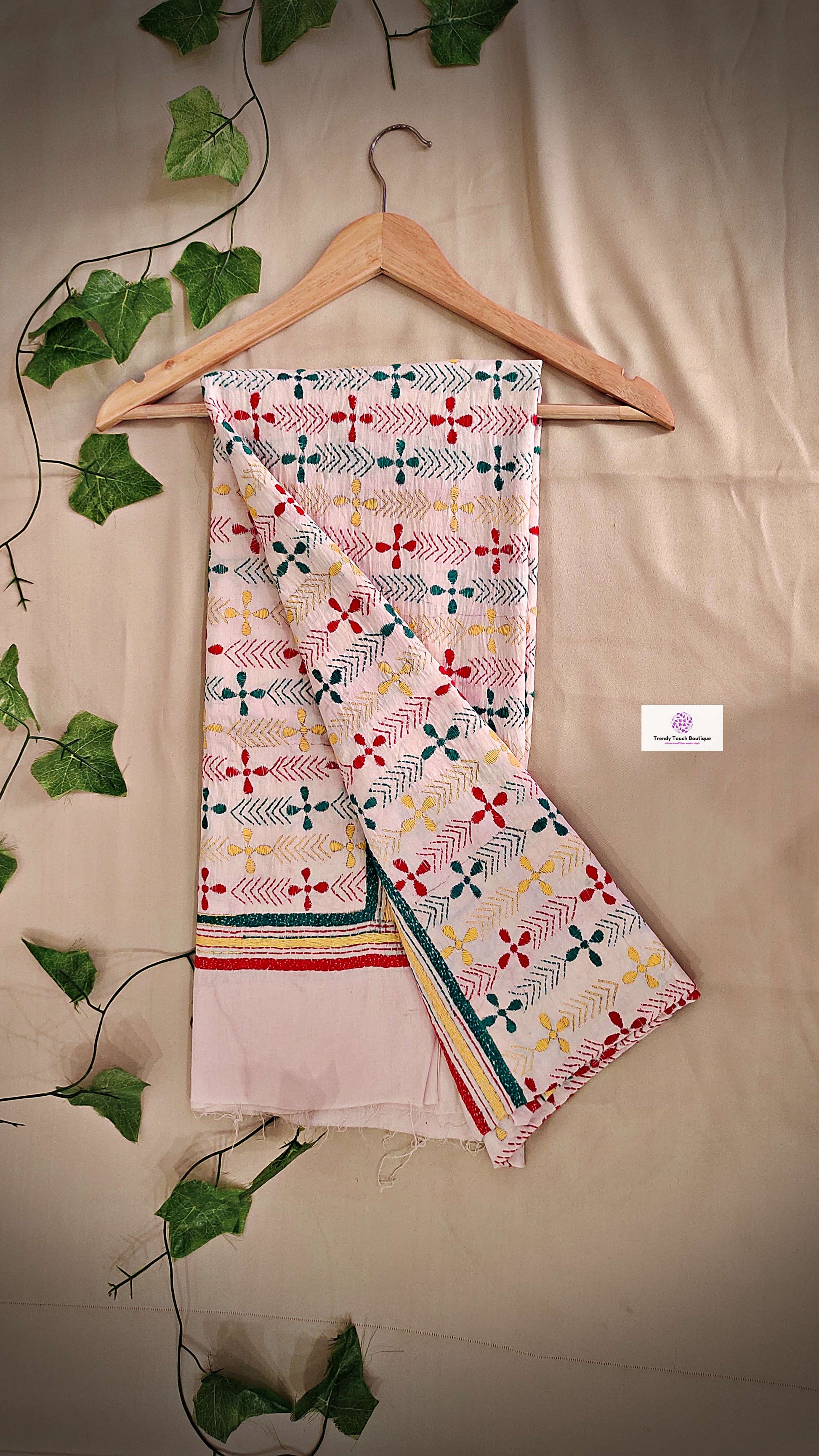 kantha handembroidered pure cotton designer statement dupatta for kurti styling in summer Holi sale best price green red yellow on white floral handcrafted