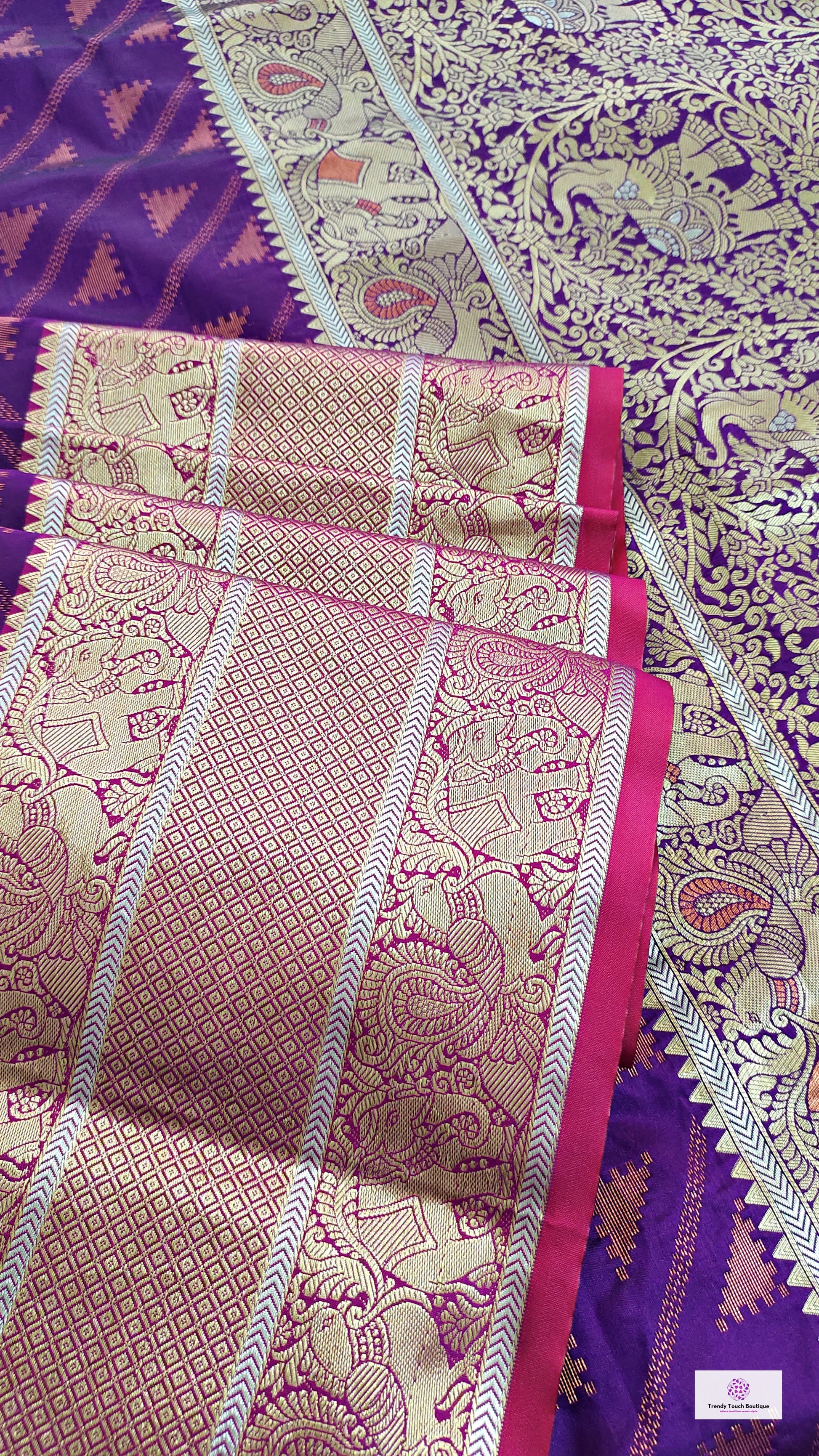 Kanjivaram styled violet color with copper zari work party wear special occasion saree for wedding function or bridal gift