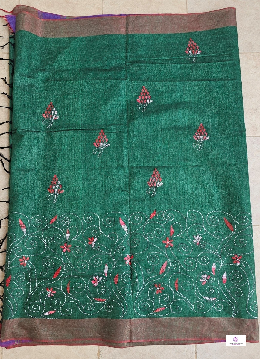 BLUE RIVER - KANTHA STITCH - COTTON HANDLOOM SAREE
