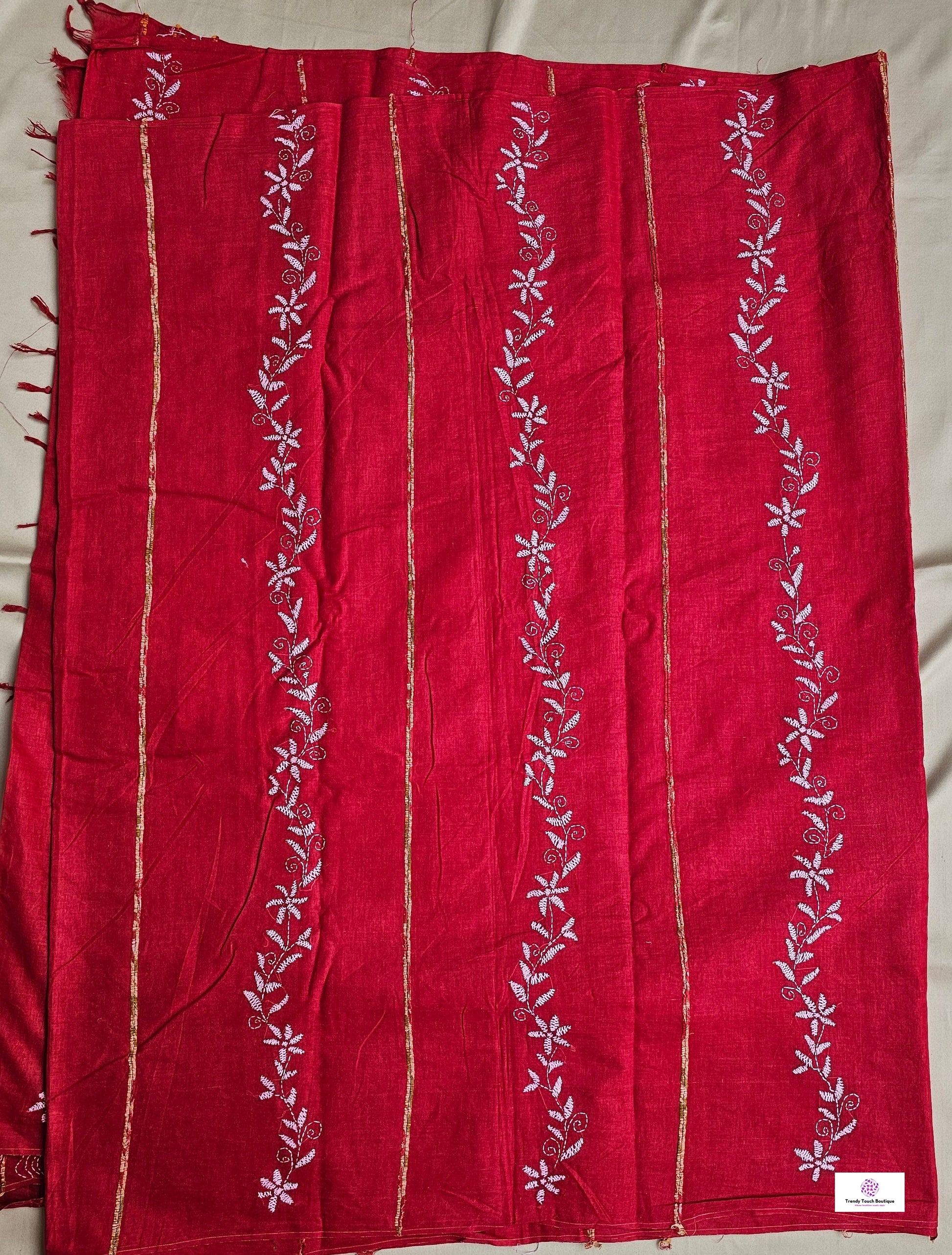 Kantha stitch handembroidered designer red khesh cotton handloom with blouse piece best price
