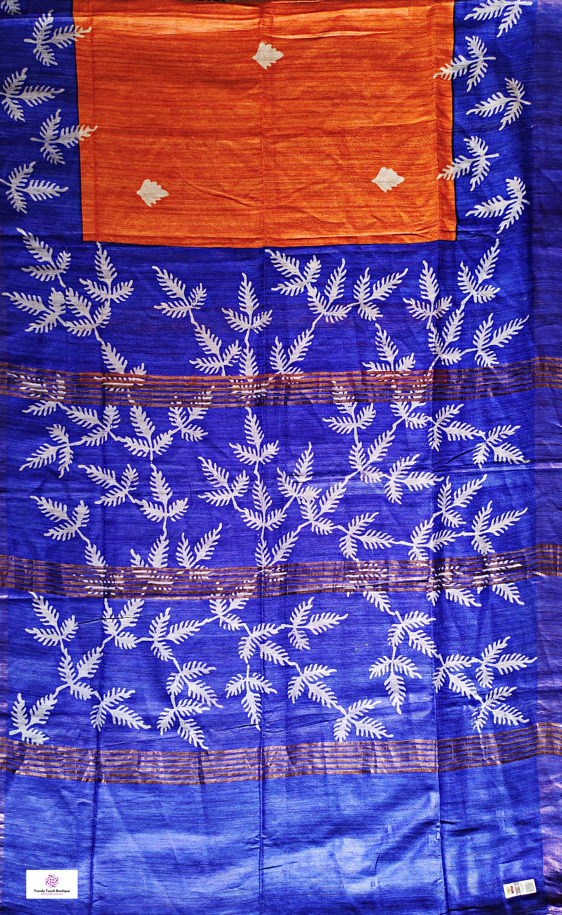Pure Gicha Tussar Silk Saree with Silk Mark Certified Blue and Orange Handloom saree best wedding marriage function party wear celebration and corporate events office best price with blouse piece handblock printed