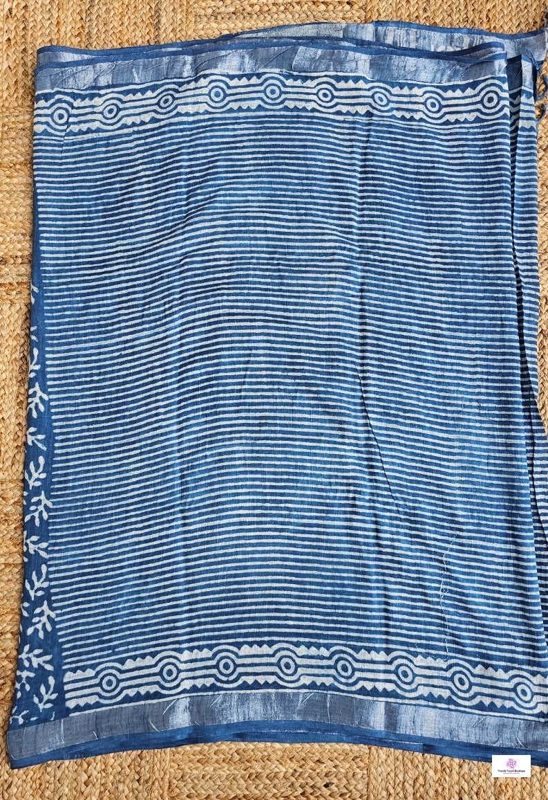 INDIGO STRIPE - HANDBLOCK PRINT - LINEN SAREE