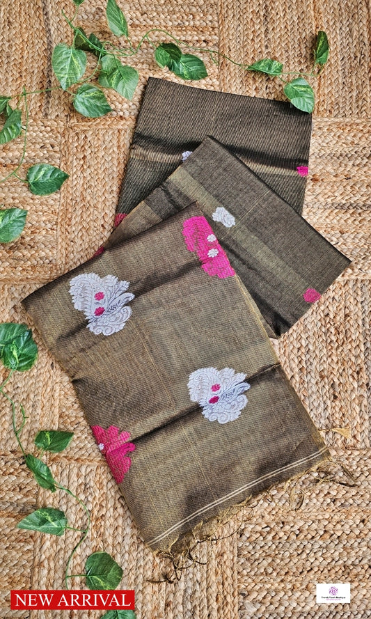 BLACKISH GOLD - TISSUE LINEN JAMDANI HANDLOOM SAREE