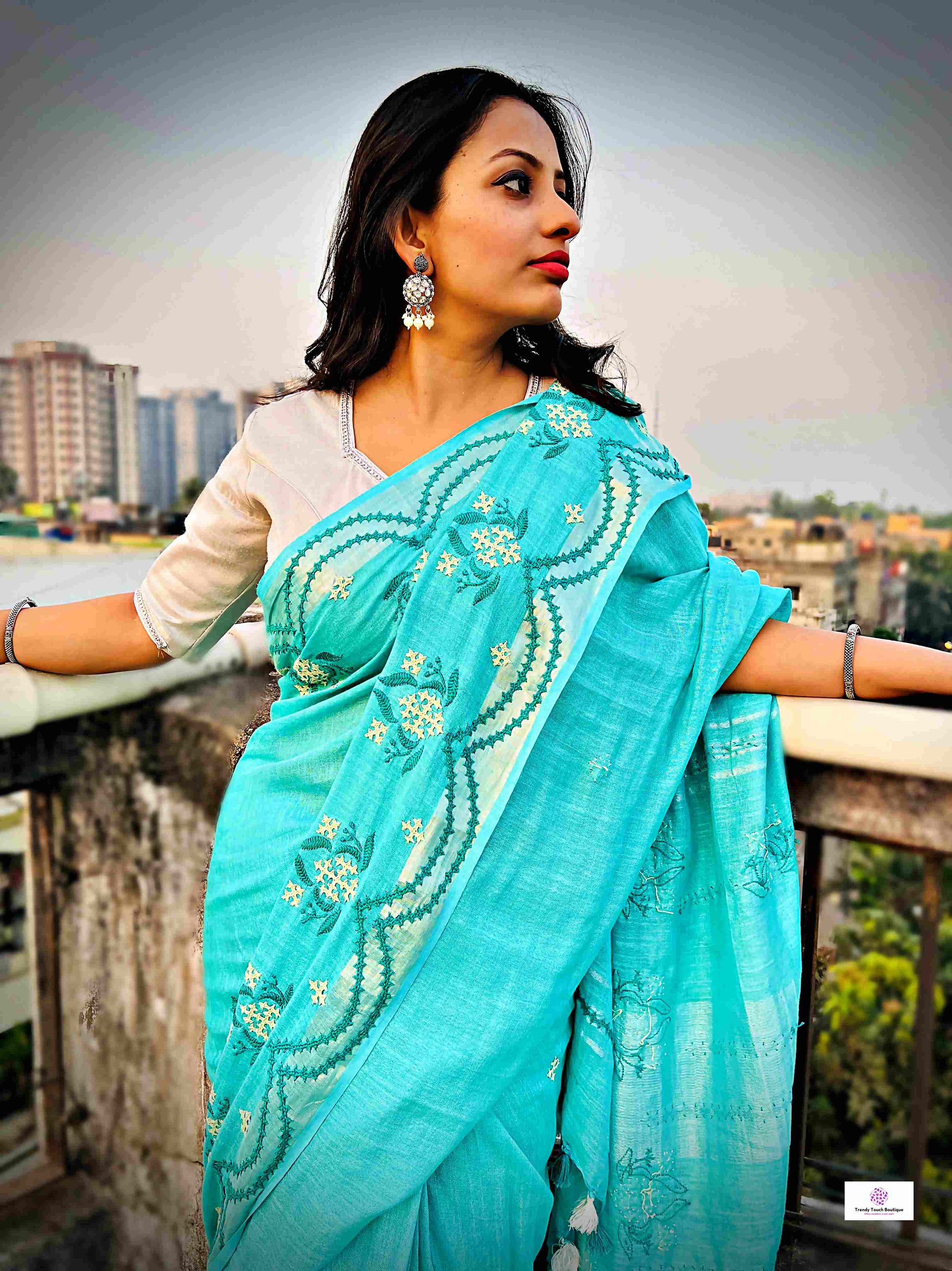 kutch handembroidered linen saree designer office wear and special events in summer